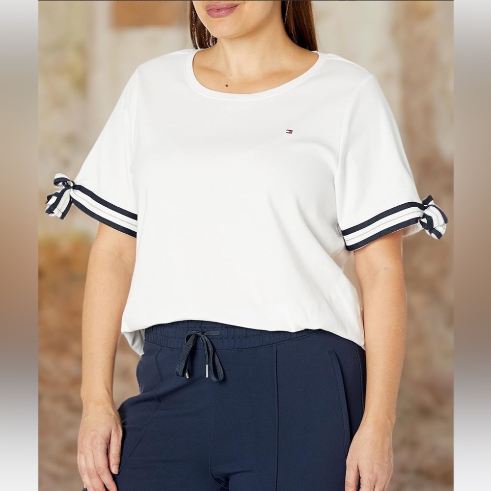 Tommy Hilfiger Women's Cotton Striped Tie-Sleeve T-Shirt White Navy Blue 3X NWT